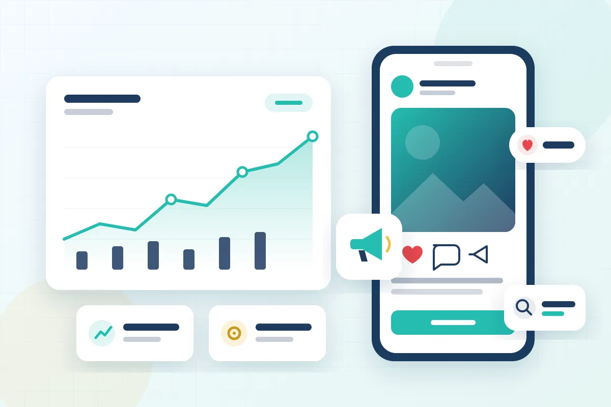 Digital marketing illustration with a social media post, campaign analytics and engagement indicators